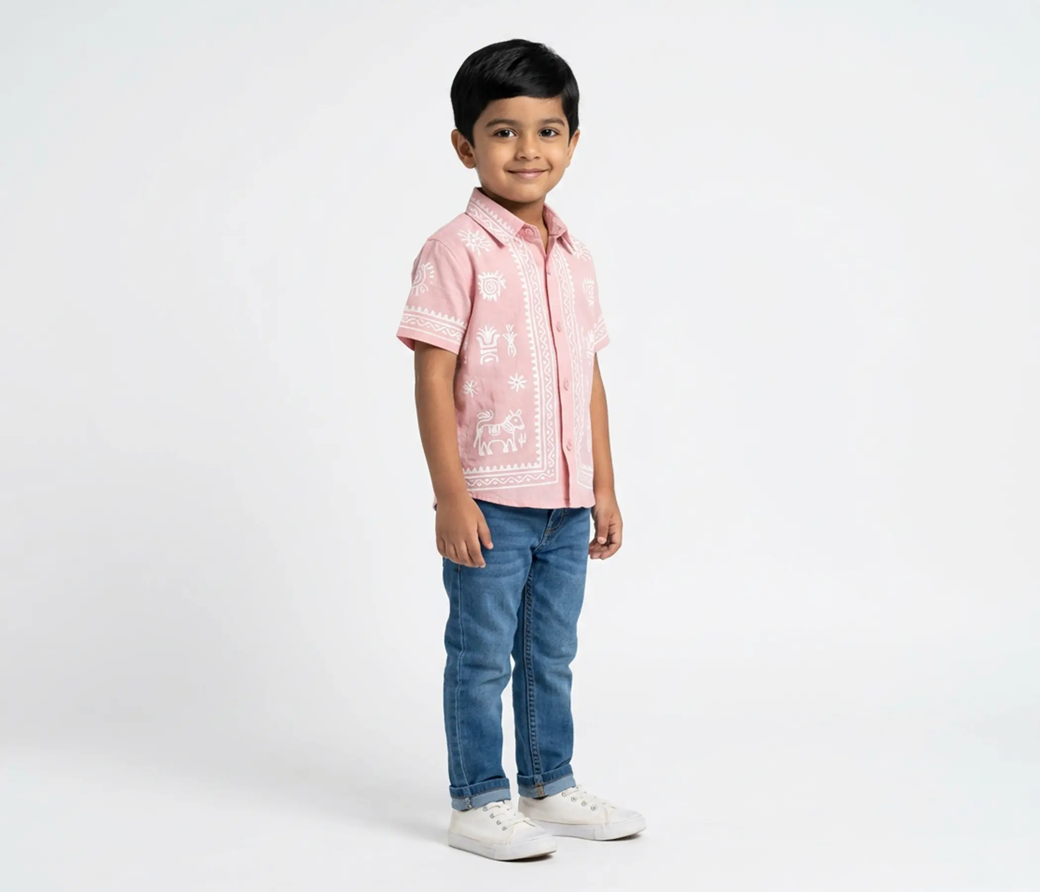 Hand Painted Pink Cotton Shirt for Boys | Ethnic Casual Wear Kids Shirt